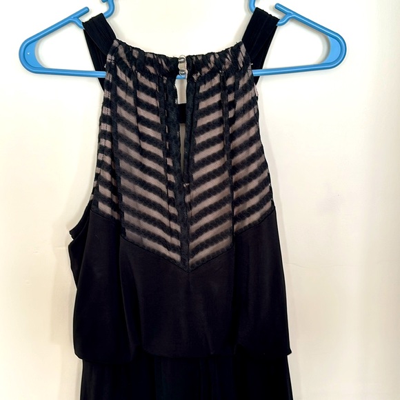 London Times Maxi Dress Chevron Halter 8 Black Stretch Burnout Blouson Waist - Picture 6 of 12
